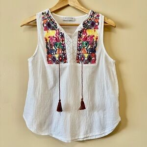 Hayden| Boho White Multicolour Embroidered Light & Airy Sleeveless Blouse Sz M